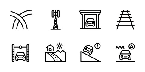 Vehicle Safety and Road Line Icons - Highway, Garage, Railway, Car Assistance, Warning Symbols