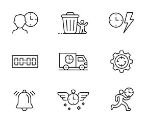 Time Alerts & Delivery Logistics Line Icons - Bell, Lightning Clock, Trash with Timer, Delivery Truck, Gear Clock, Running Person for Notifications, Apps & Supply Chain UI
