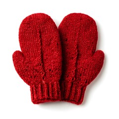 Pair of Red Knitted Winter Mittens on a Clean White Background