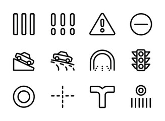 Traffic Control & Road Safety Line Icons - Stop Sign, Warning Triangle, Traffic Light, Speed Bump, Lane Markings, Roundabout for Driving Apps, Education & Smart City UI