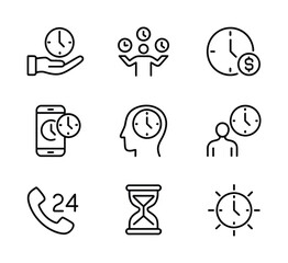 Time as Value & Human Interaction Line Icons - Hand Holding Clock, People with Clocks, Time + Money, Smartphone Timer, Hourglass, Sun Clock for Business, HR & Productivity UI