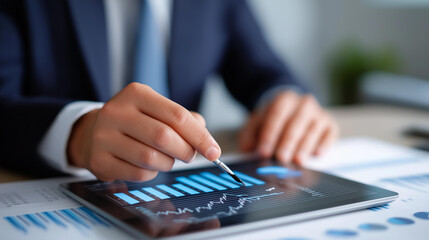 Corporate businessman analyzing complex financial data with digital checklist interface and interactive business charts floating above workspace finance management business