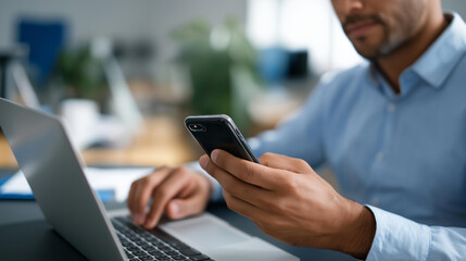Office worker using smartphone at organized desk with laptop open for business communication and digital workflow management in contemporary workplace office desk work smartphone