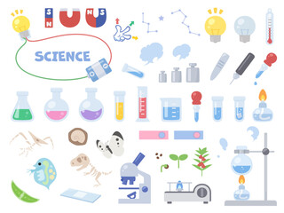 理科で使うかわいい実験道具と生き物のイラスト素材セット