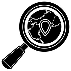 A minimalist black silhouette icon featuring a magnifying glass positioned over a stylized map representing search exploration and discovery for digital and print applications