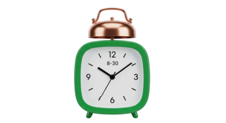 Isolated green alarm clock with bells, analog timekeeping, indicating the time, object