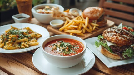 Stunning photo of delicious and diverse food spread with burgers, soup, pasta and fries.