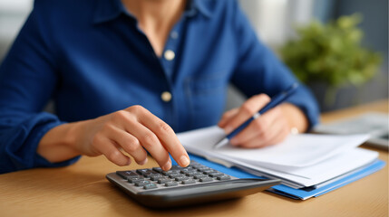 Detail oriented accountant working with calculator near organized spreadsheet and notebook in professional workspace for accurate financial processing calculator work spreadsheet