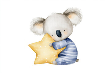 Adorable Illustration of a Sleepy Koala Cuddling a Star-Shaped Pillow, Perfect for Nursery Decor and Children's Art