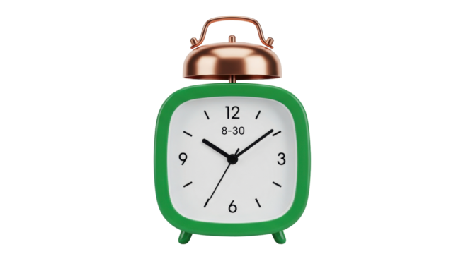 Isolated green alarm clock with bells, analog timekeeping, indicating the time, object