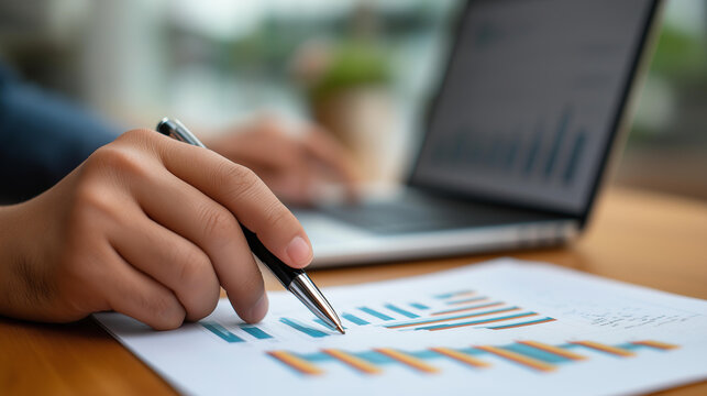 Business analyst hand with pen pointing at financial chart and data visualization on report while reviewing business performance on laptop financial analysis data report chart