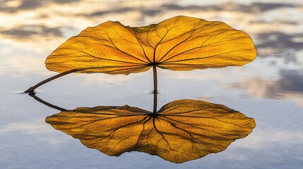 Golden lotus leaf reflecting sunset, calm water, nature serenity