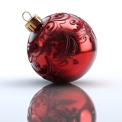 Shiny Red Christmas Ornament with Ornate Pattern and Reflection on White