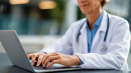 AI assistant technology helping doctor using laptop in hospital office providing digital healthcare solutions and online consultation services AI assistant technology help