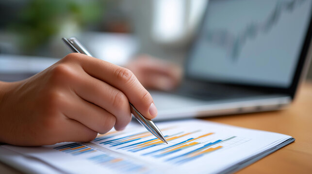 Business analyst hand with pen pointing at financial chart and data visualization on report while reviewing business performance on laptop financial analysis data report chart - Powered by Adobe