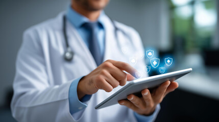 Healthcare doctor using digital tablet with floating cybersecurity shield icons representing protected medical data and electronic health record security healthcare data