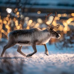 A Wild Reindeer Running Through Snow with Bokeh Christmas Lights