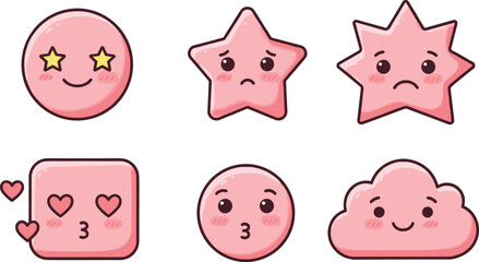 Cute pink cartoon shapes with emotional faces, vector emoticons for kids, kawaii expressions, geometric characters, playful mood icons, stock illustration