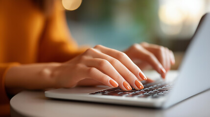 Close up of female hand with stylish nail art using laptop touchpad for online shopping and e commerce website navigation female hand laptop touchpad online shopping nail art