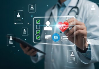 Doctor Interacting with Advanced Digital Health Interface, Hologram Technology Displaying Patient Data, EKG, and Checklists, Stylus in Hand for Precision Diagnosis and Modern Healthcare Solutions.