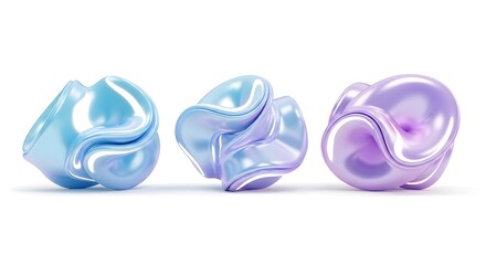 A Quartet of Abstract 3D Rendered Organic Shapes in Light Blue and Lavender Purple with Holographic-like Metallic Reflections on a Clean White Studio Backdrop.