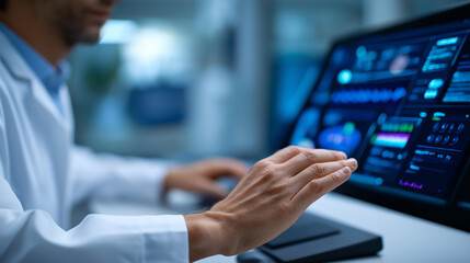 Obraz premium Doctor using artificial intelligence for comprehensive patient data analysis displayed on futuristic virtual screen interface medical AI technology patient data analysis virtual