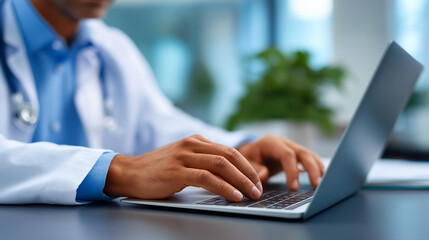 Medical doctor typing on laptop keyboard in clinic office for patient record updates and electronic health documentation in modern healthcare setting doctor typing laptop work