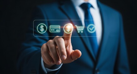 Businessman's finger touches digital interface with e-commerce icons representing online shopping and business transactions