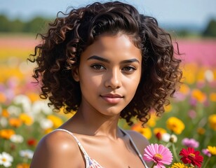Woman in flower field, serene expression
