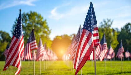 Row of American flags planted in grass, illuminated by sunlight, symbolizing remembrance and patriotism during a national tribute or holiday.