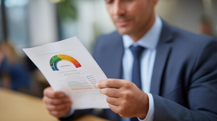 Business professional in formal suit examining survey results and KPIs with NPS score dial and growth performance bars for customer experience measurement analytics feedback