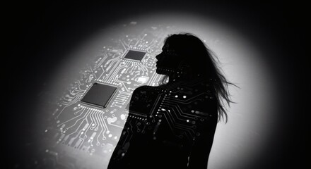 Silhouette of a woman with a circuit board overlay representing AI and technology.