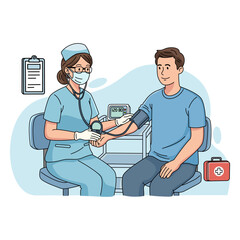 Professional female nurse checking a male patient's blood pressure with a monitor and stethoscope, symbolizing medical examination, regular check-up, and preventative healthcare services.