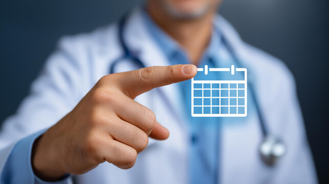 Physician pointing at marked date on virtual calendar for patient appointment representing healthcare service and medical organization physician pointing virtual calendar marked