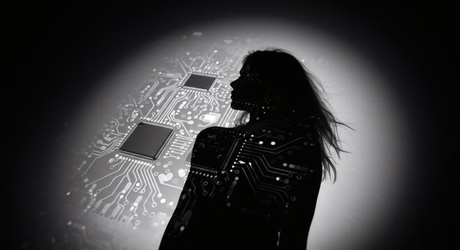 Silhouette of a woman with a circuit board overlay representing AI and technology.