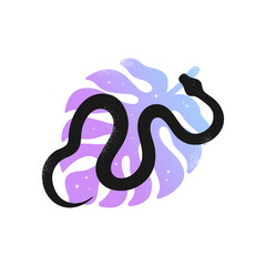 Black snake on monstera leaf silhouette decorated with stars. Celestial emblem with serpent and plant. Vector illustration