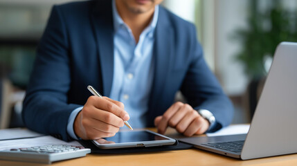 Business professional using digital stylus on modern tablet positioned beside laptop calculator and organized documents at office desk for efficient workflow digital note taking