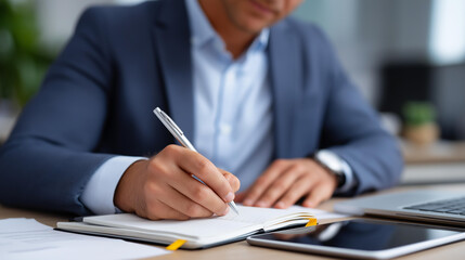 Corporate professional writing important notes in notebook at organized office desk with laptop tablet and business paperwork visible for meeting preparation business notes not