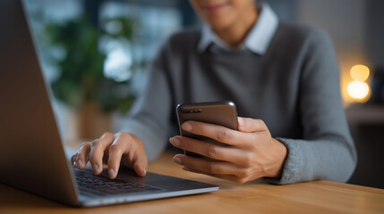 Focused freelancer using smartphone while typing on laptop computer in comfortable home office to enhance online work communication smartphone use laptop typing home office