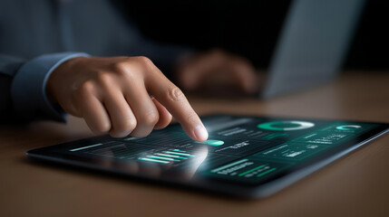 Business analyst interacting with AI powered data analytics dashboard showing KPI metrics and performance charts on virtual panels above laptop AI analytics data dashboard KPI