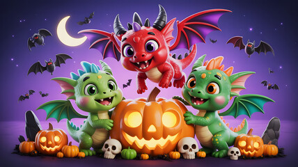 Naklejka premium Playful Baby Dragons under the Moonlight