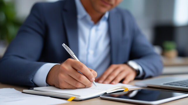 Corporate professional writing important notes in notebook at organized office desk with laptop tablet and business paperwork visible for meeting preparation business notes not