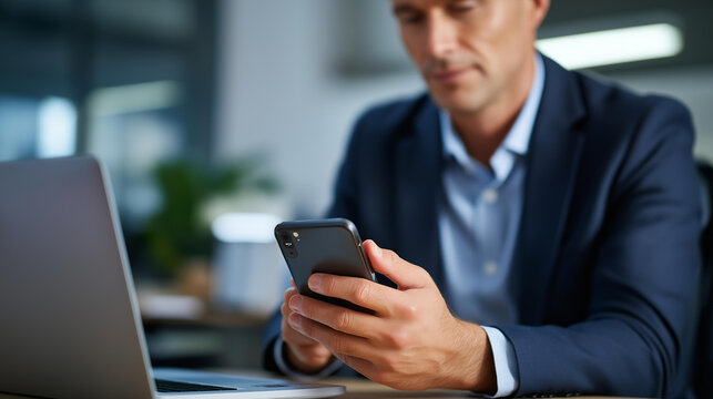 Professional businessman using smartphone and laptop computer at office desk to manage online communication and schedule business meetings businessman multitasking smartphone use