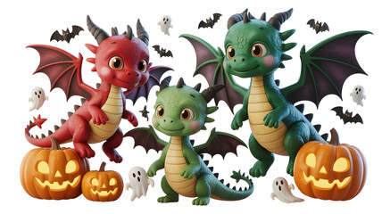 Naklejka premium Three Baby Dragons Celebrating Halloween
