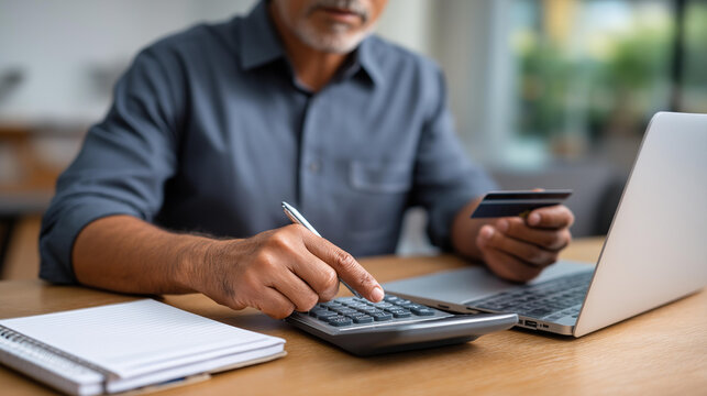 Businessman holding credit card using calculator and notebook beside laptop in office for finance tracking and debt management credit card payment businessman planning card hold