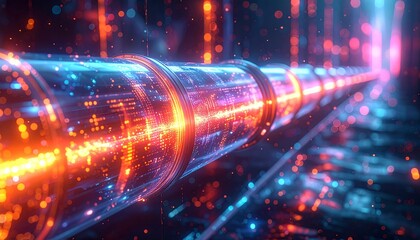 Futuristic digital pipeline with vibrant glowing lights and colors