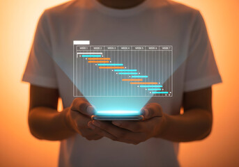 Project management and timeline planning concept. Man using laptop with Gantt chart showing weekly task tracking, representing workflow organization, scheduling, productivity and goal achievement.