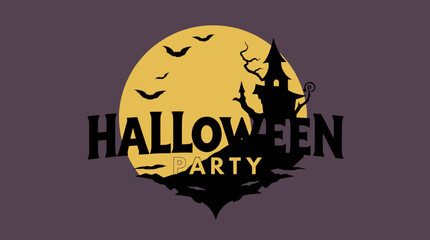 Halloween party invitation with a haunted house silhouette against a full moon and flying bats on a purple background.