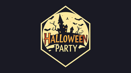 Halloween party invitation design featuring a spooky castle silhouette, bats, and bare trees against a moonlit sky.