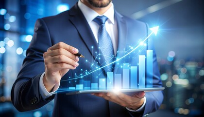 Businessman Analyzing Financial Growth and Success with Digital Bar Chart on Tablet